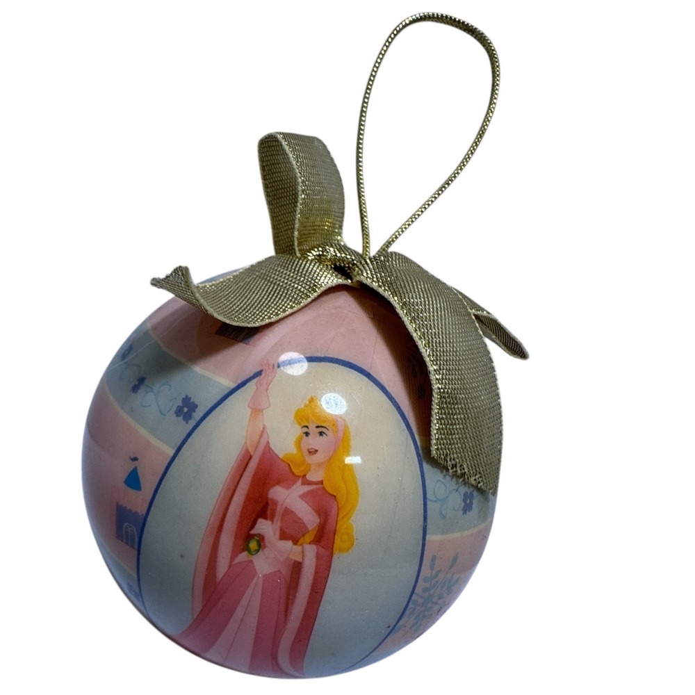 Disney Sleeping Beauty Aurora Decoupage Christmas Ornament Pink Gold Bow 2005